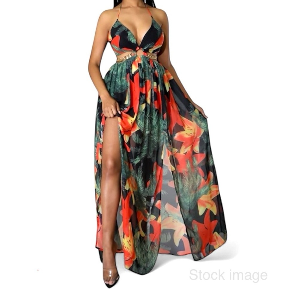 Tropical Halter Maxi Dress Backless Waist Chain Split Thigh - Picture 4 of 13